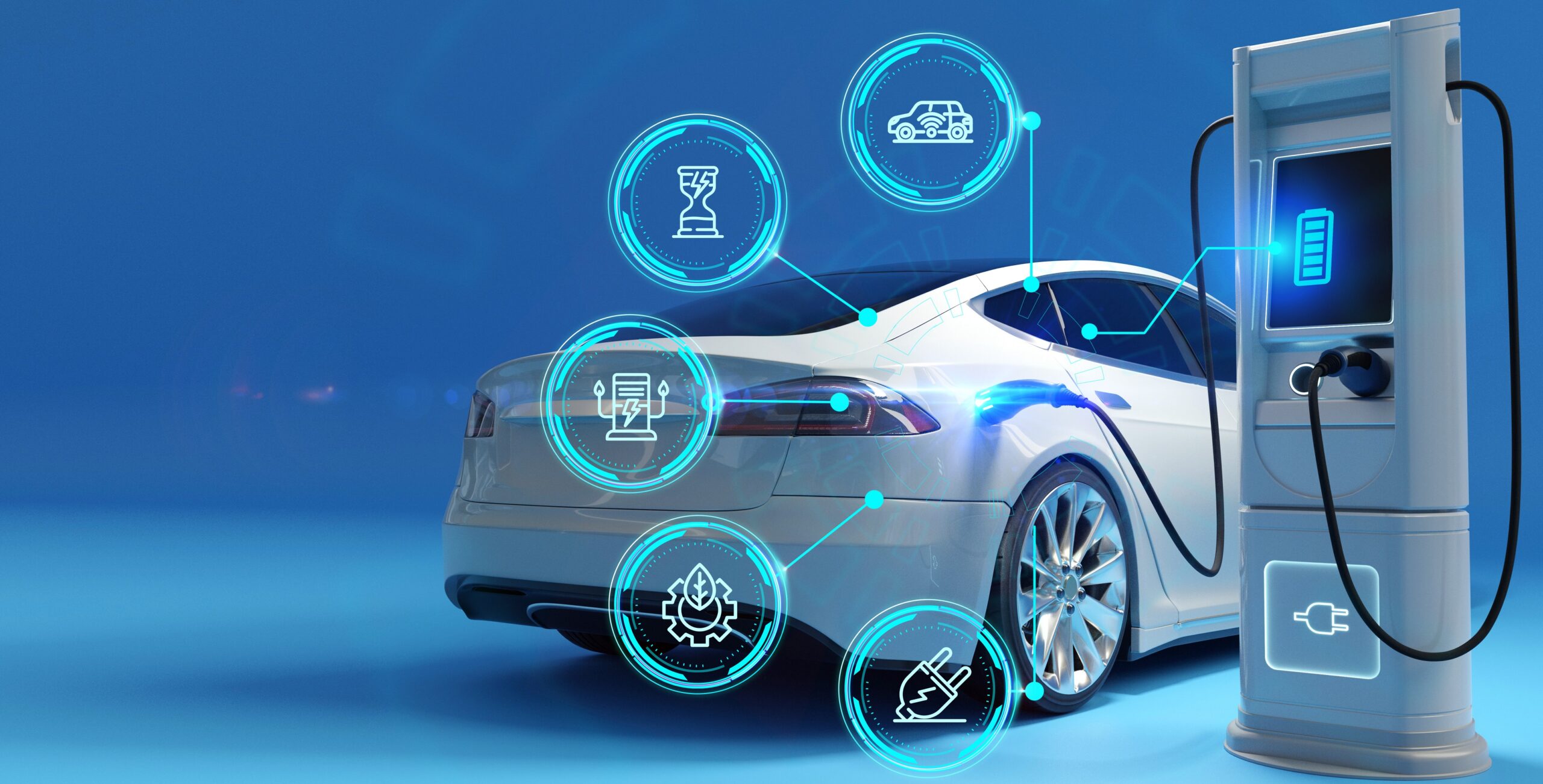 Electric car at charging station. Electric car power cable plugged into car charging station booth futuristic modern technology loading electricity energy.  EV concept. 3d illustration